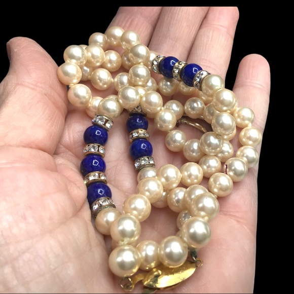 🌺Vintage Pearl & Lapis Necklace - Picture 5 of 15
